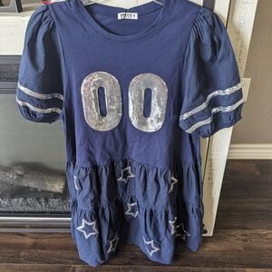 WAYF Navy Sequin '00' Puff-Sleeve Mini Dress